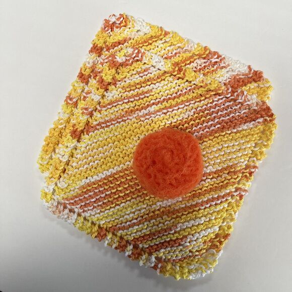 Hand Knit Dish Cloth Set of 2 Plus Scrubbie 100% Cotton Multicolor Orange Yellow - Picture 6 of 6